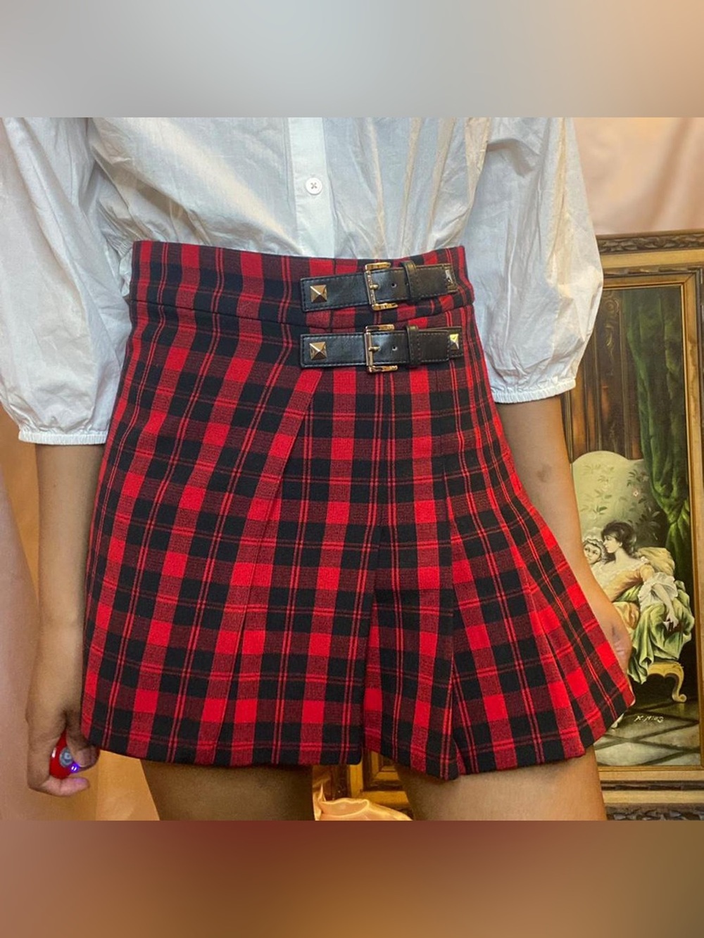 Micheal Kors pleated red/black plaid skirt with buckles NWOT size 2